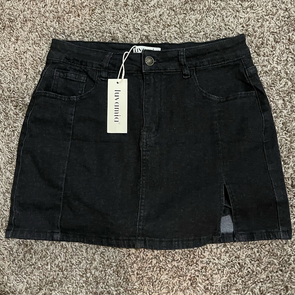 Luvamia Black Denim Mini Skirt with Front Slit